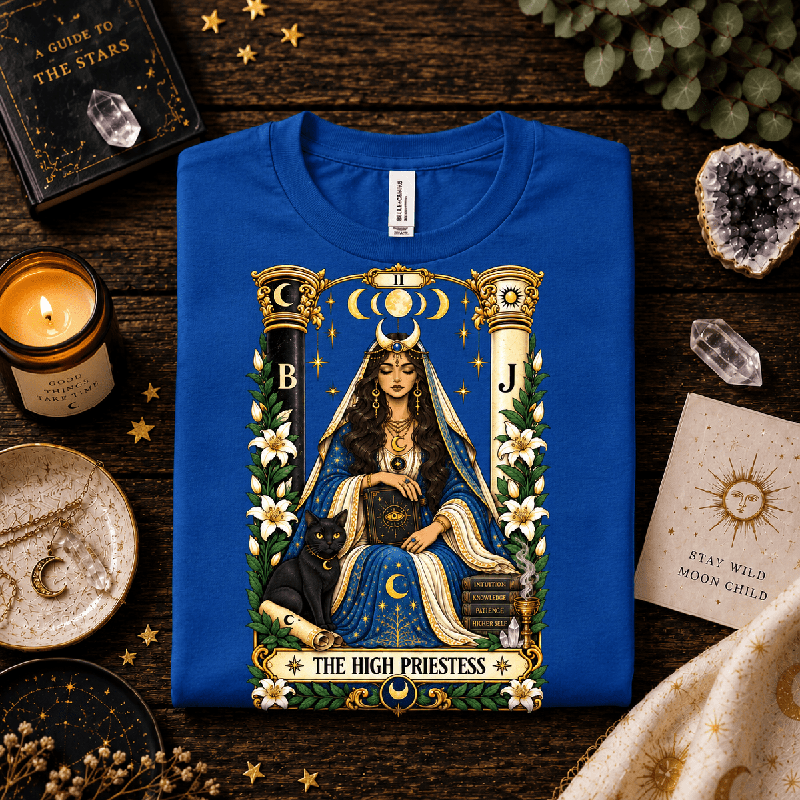 The High Priestess Premium T-Shirt in true royal blue, folded close-up