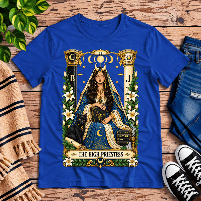 The High Priestess Premium T-Shirt in true royal blue, flat lay with tarot card graphic