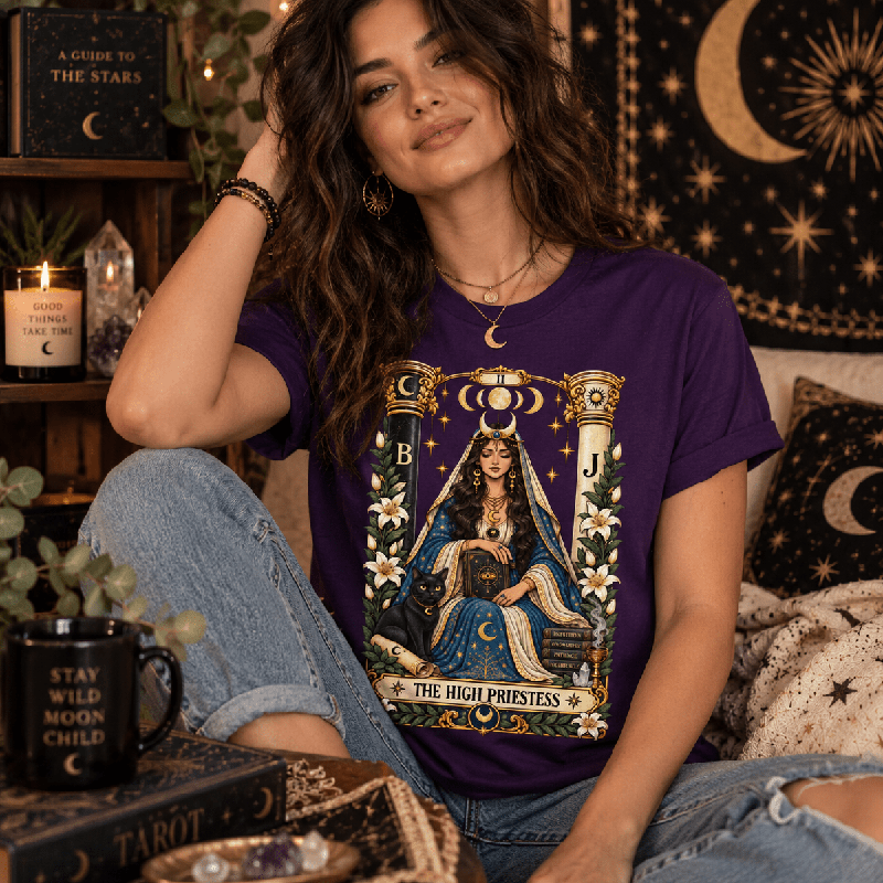 Woman wearing the High Priestess Premium T-Shirt in team purple