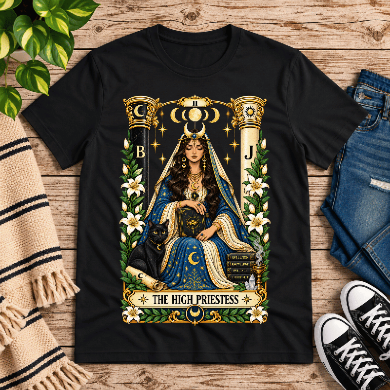 The High Priestess Premium T-Shirt in vintage black, flat lay