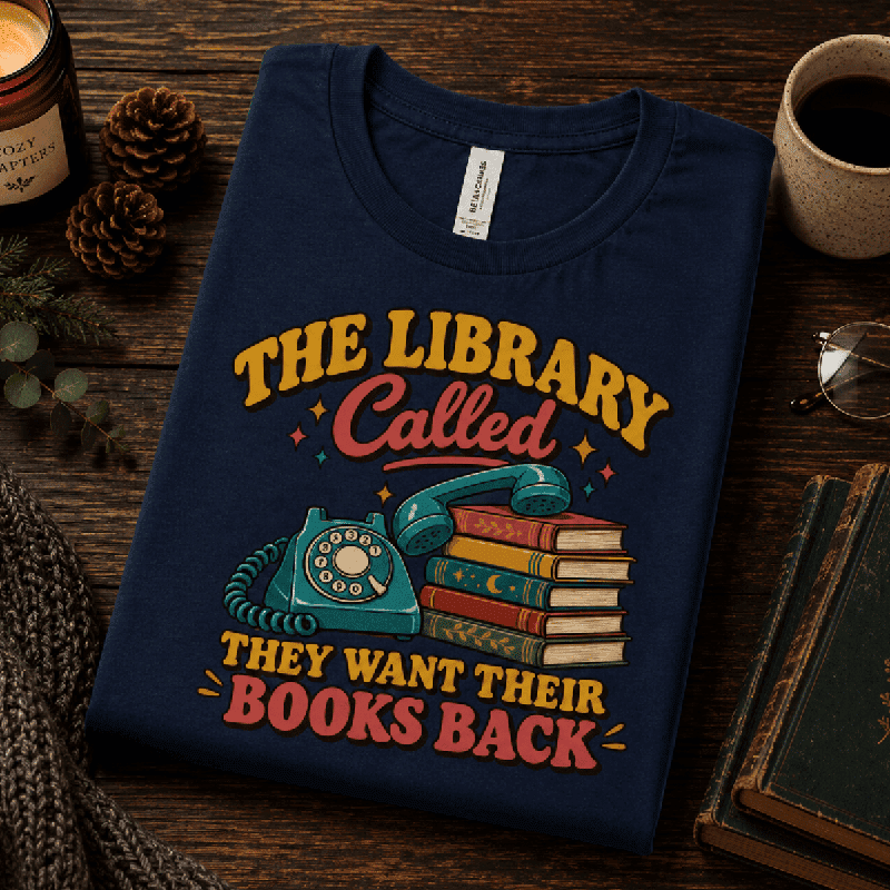 The Library Called Premium T-Shirt in navy, folded close-up styled with old books and a candle