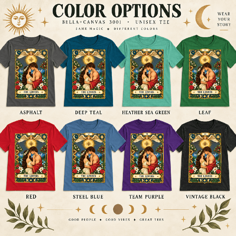The Lovers Premium T-Shirt color chart: Asphalt, Deep Teal, Heather Sea Green, Leaf, Red, Steel Blue, Team Purple, Vintage Black