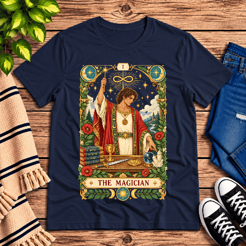 The Magician Premium T-Shirt in navy, flat lay