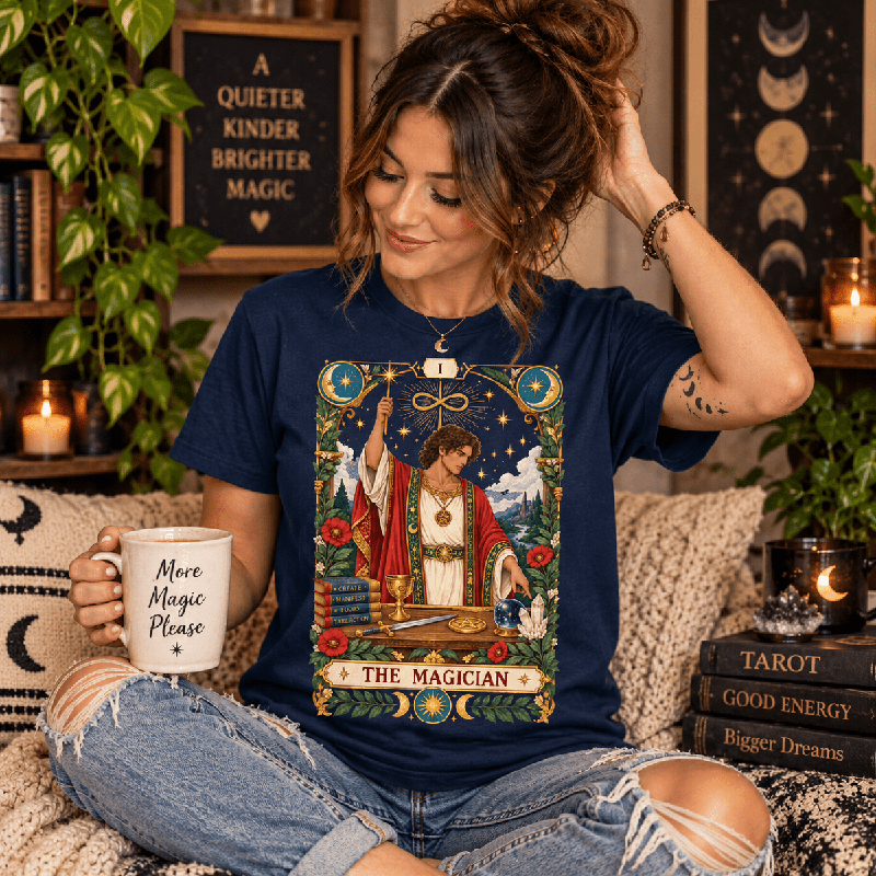 Woman holding a mug, wearing the Magician Premium T-Shirt in navy