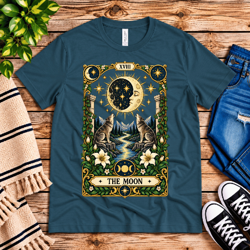 The Moon Premium T-Shirt in deep teal, flat lay