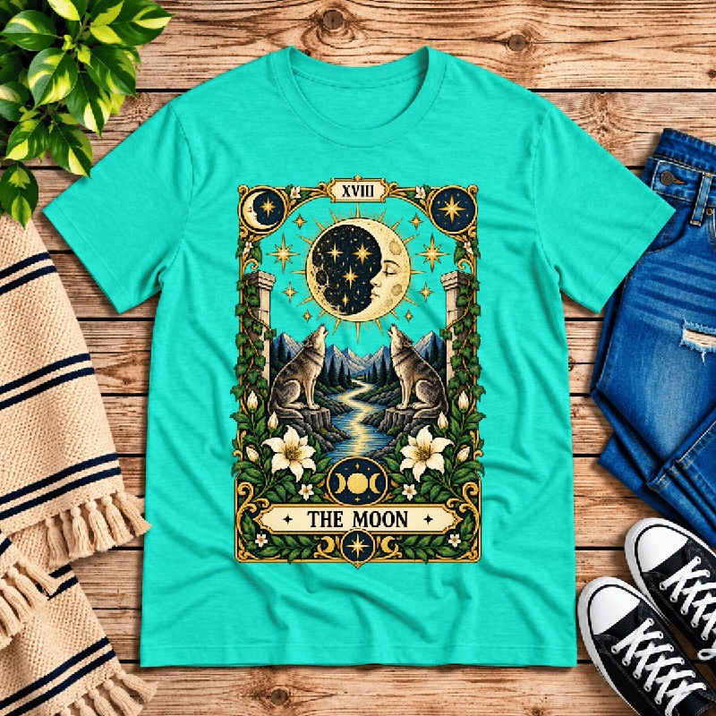 The Moon Premium T-Shirt in heather sea green, flat lay