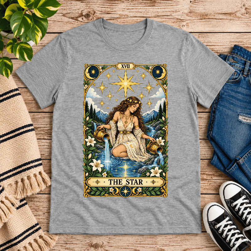 The Star Premium T-Shirt in athletic heather gray, flat lay