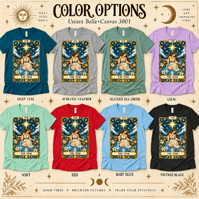 The Star Premium T-Shirt color chart: Deep Teal, Athletic Heather, Heather Sea Green, Lilac, Mint, Red, Baby Blue, Vintage Black