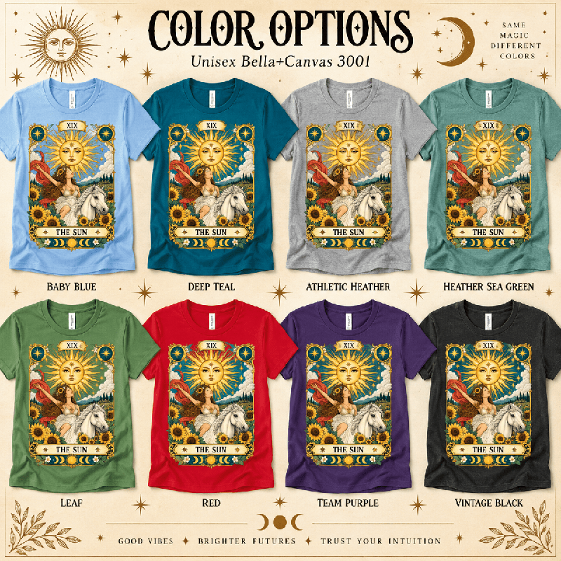 The Sun Premium T-Shirt color chart: Baby Blue, Deep Teal, Athletic Heather, Heather Sea Green, Leaf, Red, Team Purple, Vintage Black