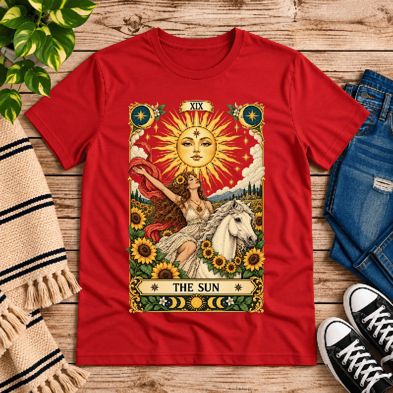The Sun Premium T-Shirt in red, flat lay