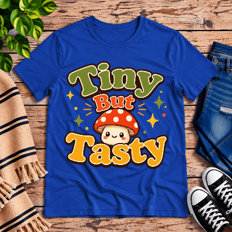 Tiny But Tasty Premium T-Shirt in true royal blue, flat lay