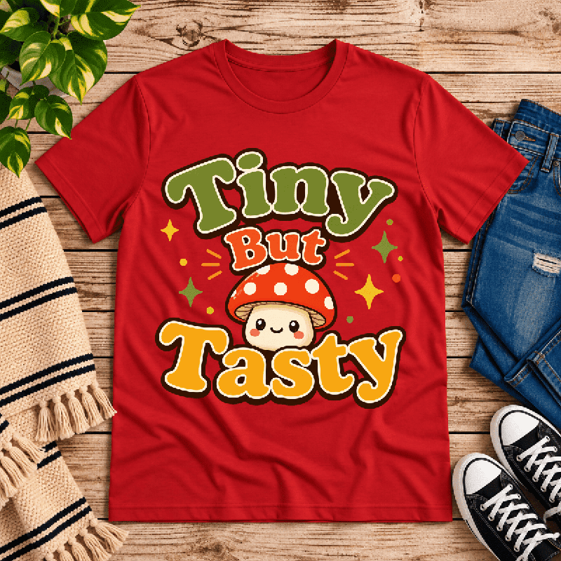 Tiny But Tasty Premium T-Shirt in red, flat lay with smiling polka-dot mushroom character graphic