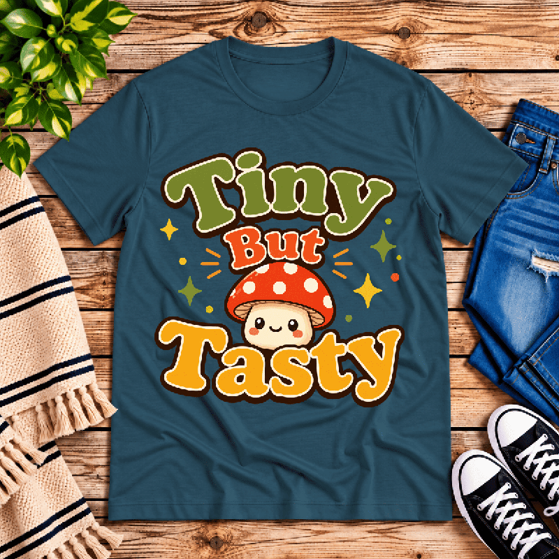 Tiny But Tasty Premium T-Shirt in deep teal, flat lay