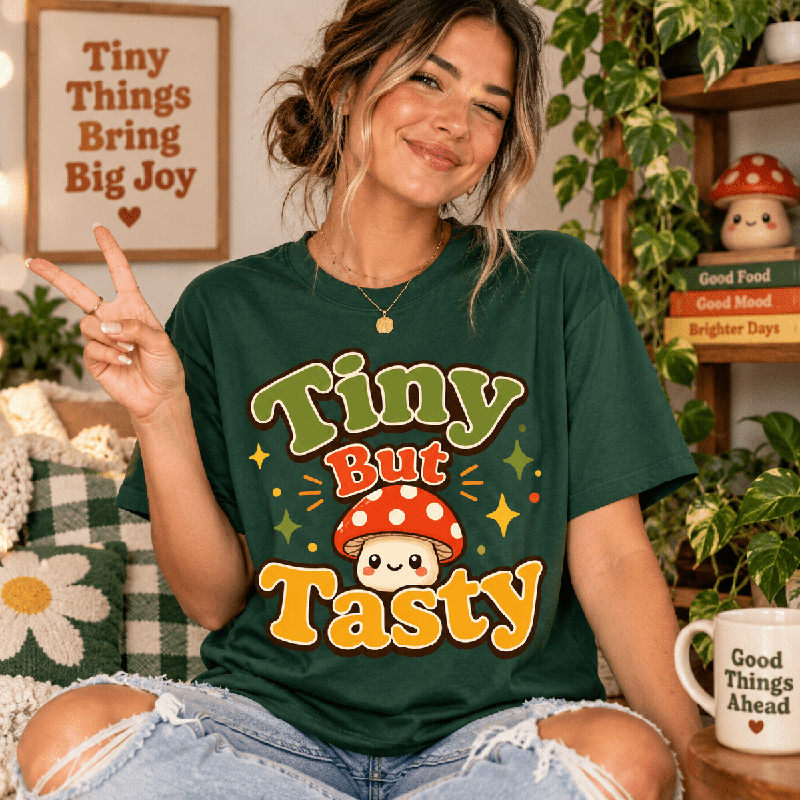 Woman making a peace sign, wearing the Tiny But Tasty Premium T-Shirt in evergreen