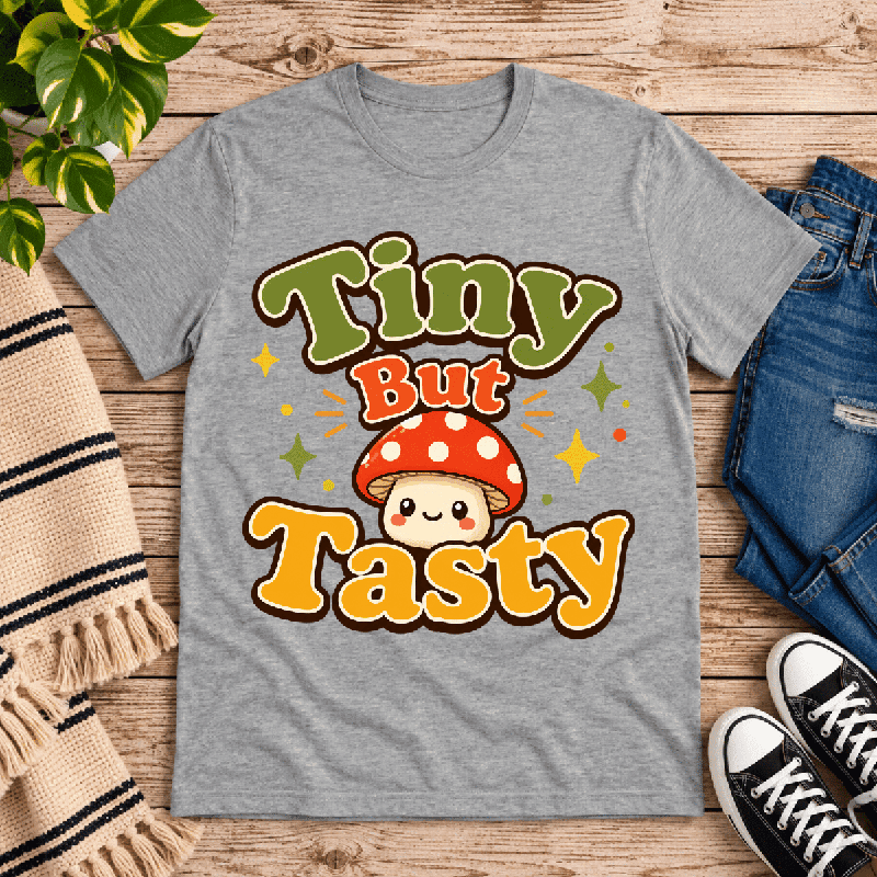 Tiny But Tasty Premium T-Shirt in athletic heather gray, flat lay