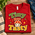 Tiny But Tasty Premium T-Shirt in red, folded close-up with neck tag showing