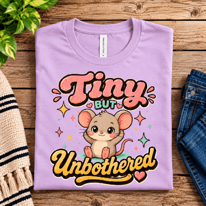 Tiny But Unbothered Premium T-Shirt in lilac, folded close-up with neck tag showing
