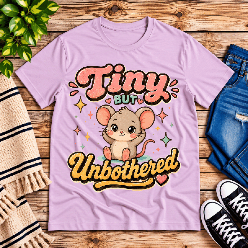 Tiny But Unbothered Premium T-Shirt in lilac, flat lay with cute cartoon mouse graphic