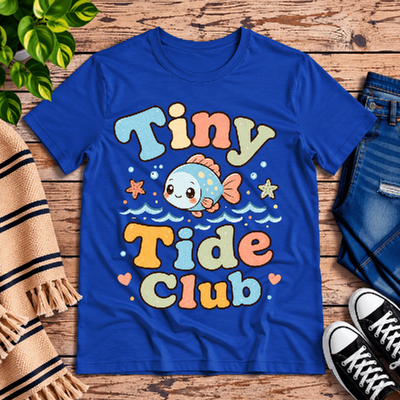 Tiny Tide Club Premium T-Shirt in true royal blue, flat lay with cartoon fish and starfish graphic