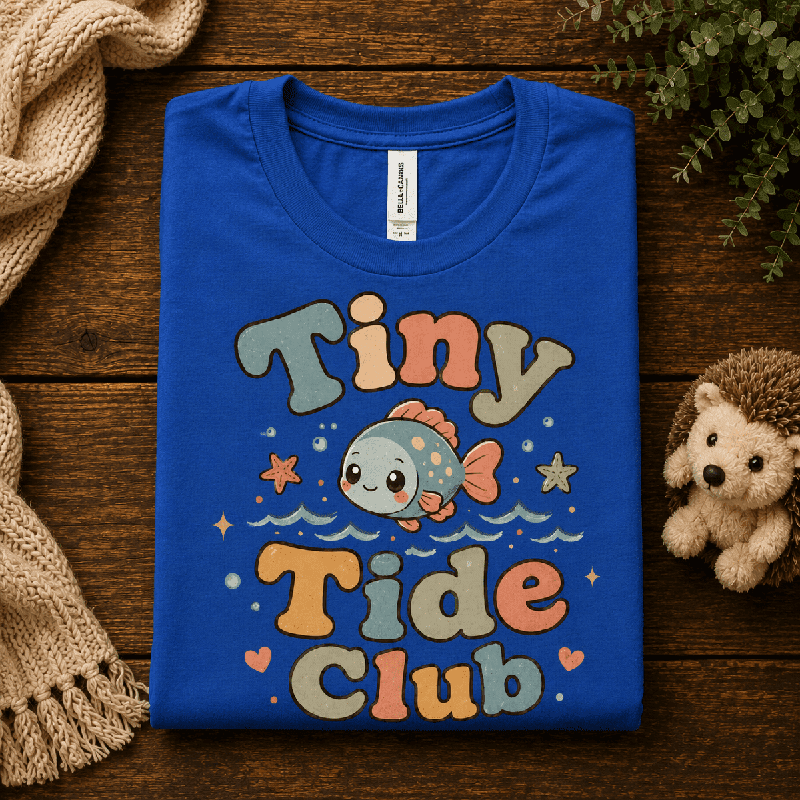 Tiny Tide Club Premium T-Shirt in true royal blue, folded close-up with neck tag showing