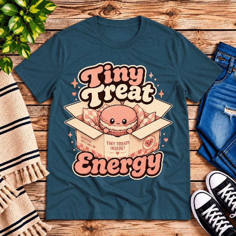 Tiny Treat Energy Premium T-Shirt in deep teal, flat lay