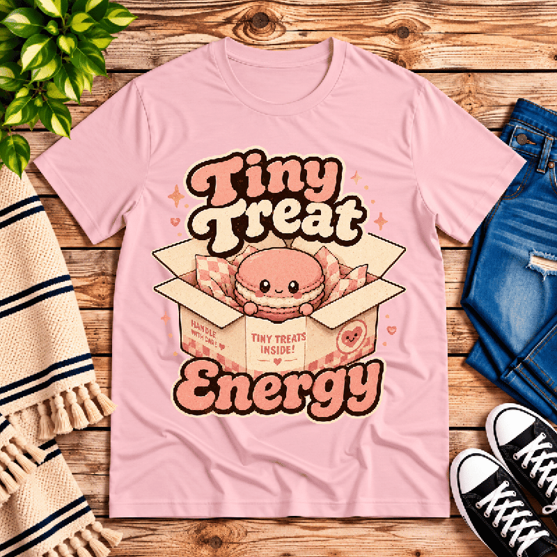 Tiny Treat Energy Premium T-Shirt in pink, flat lay