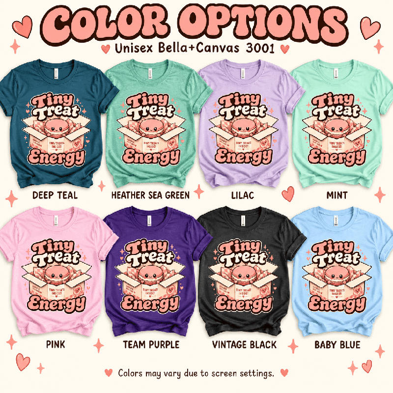 Tiny Treat Energy Premium T-Shirt color chart: Deep Teal, Heather Sea Green, Lilac, Mint, Pink, Team Purple, Vintage Black, Baby Blue