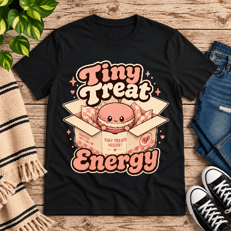 Tiny Treat Energy Premium T-Shirt in vintage black, flat lay