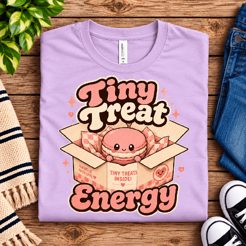 Tiny Treat Energy Premium T-Shirt in lilac, folded close-up with neck tag showing