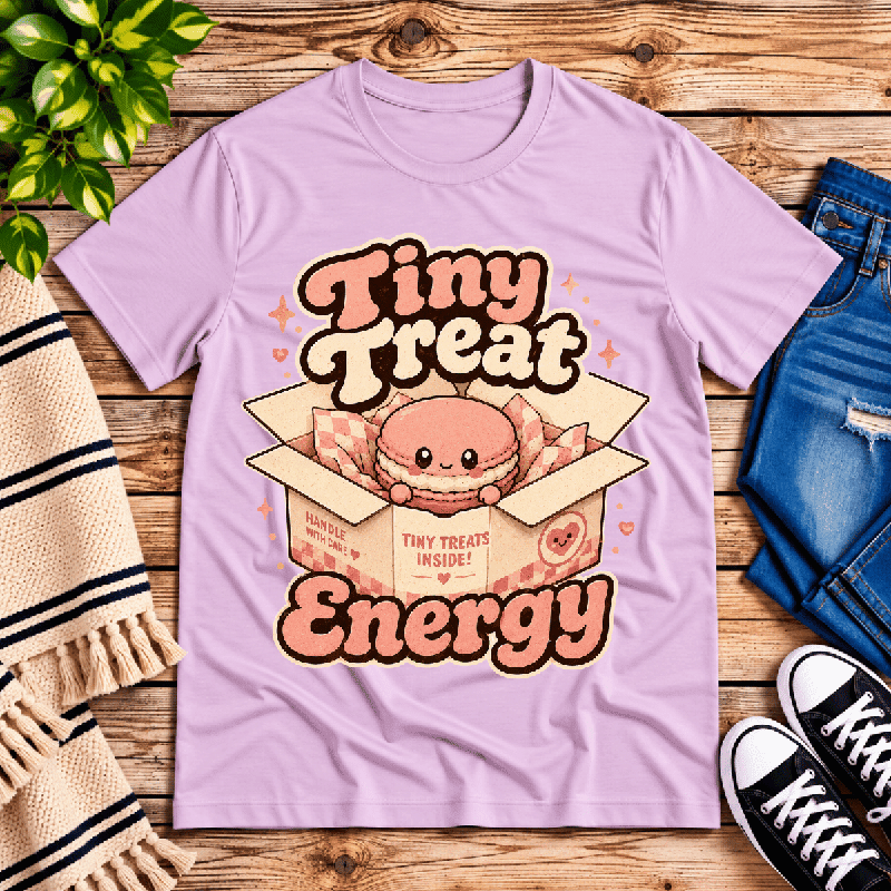 Tiny Treat Energy Premium T-Shirt in lilac, flat lay with macaron peeking out of a box graphic