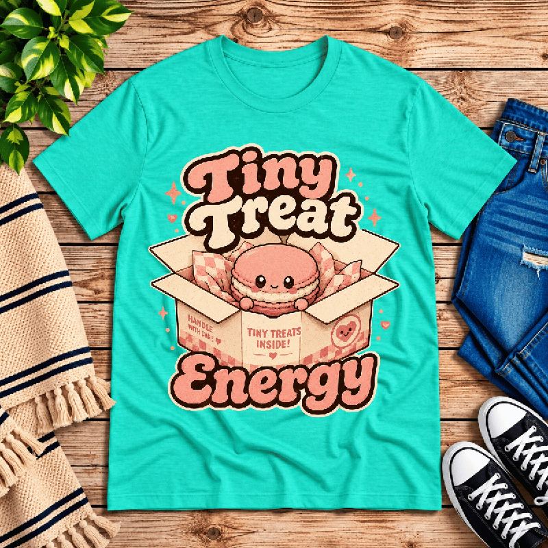 Tiny Treat Energy Premium T-Shirt in heather sea green, flat lay