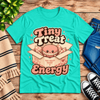Tiny Treat Energy Premium T-Shirt in heather sea green, flat lay