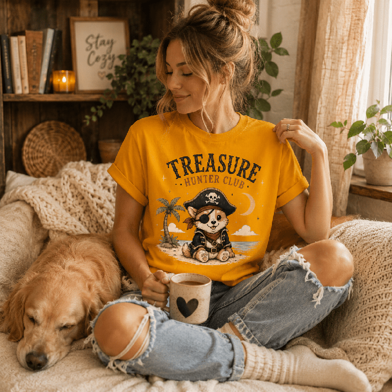 Woman sitting on a couch with a dog, wearing the Treasure Hunter Club Premium T-Shirt in gold