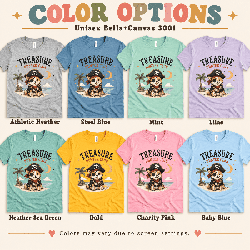 Treasure Hunter Club Premium T-Shirt color chart: Athletic Heather, Steel Blue, Mint, Lilac, Heather Sea Green, Gold, Charity Pink, Baby Blue