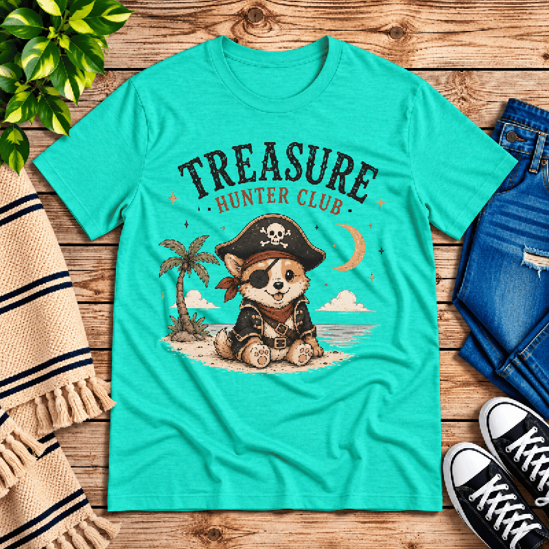 Treasure Hunter Club Premium T-Shirt in heather sea green, flat lay with pirate corgi on a beach graphic