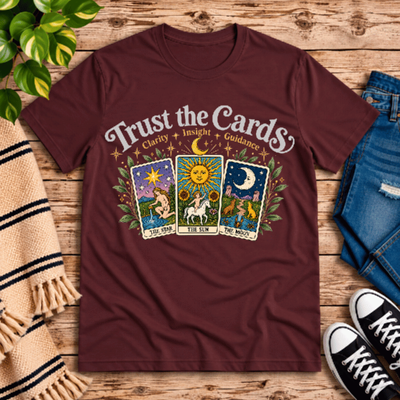 Trust The Cards Premium T-Shirt in maroon, flat lay