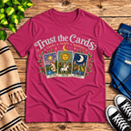 Trust The Cards Premium T-Shirt in berry, flat lay with Star, Sun, and Moon tarot card graphic