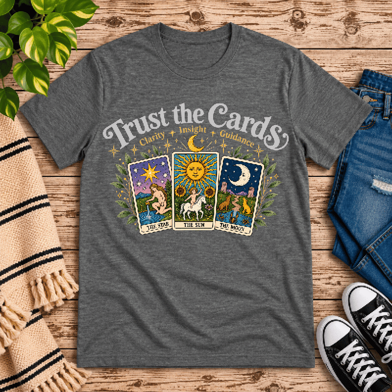 Trust The Cards Premium T-Shirt in deep heather gray, flat lay