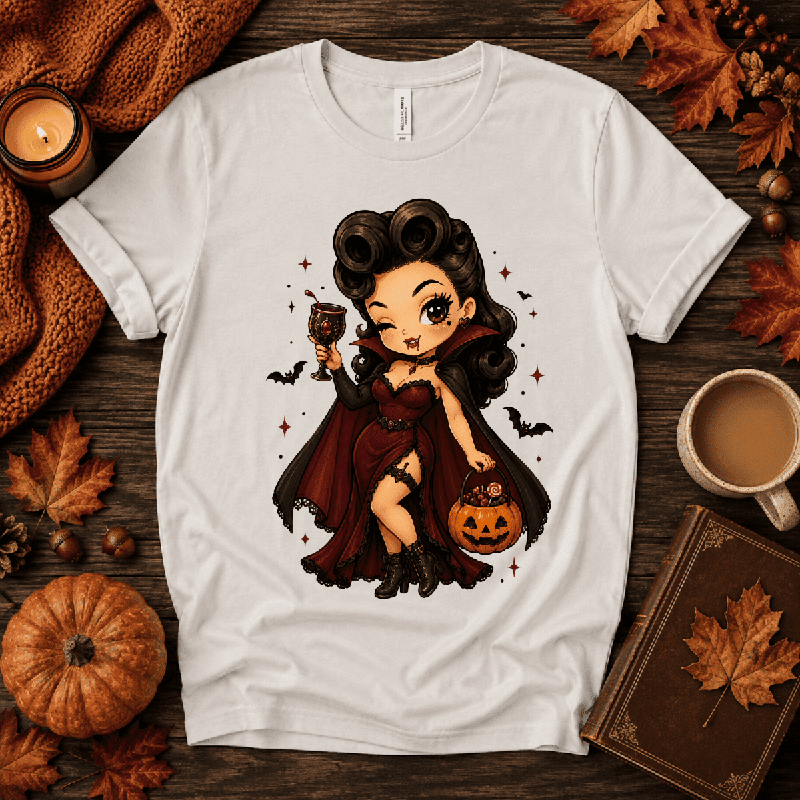 Vampire Vanessa Premium T-Shirt in white, flat lay with chibi vampire girl graphic