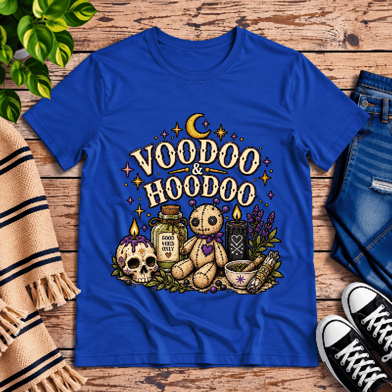 Voodoo & Hoodoo Premium T-Shirt in true royal blue, flat lay