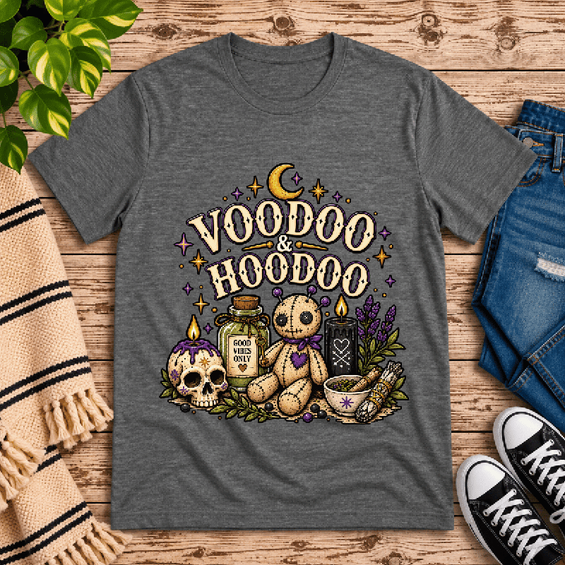 Voodoo & Hoodoo Premium T-Shirt in deep heather gray, flat lay
