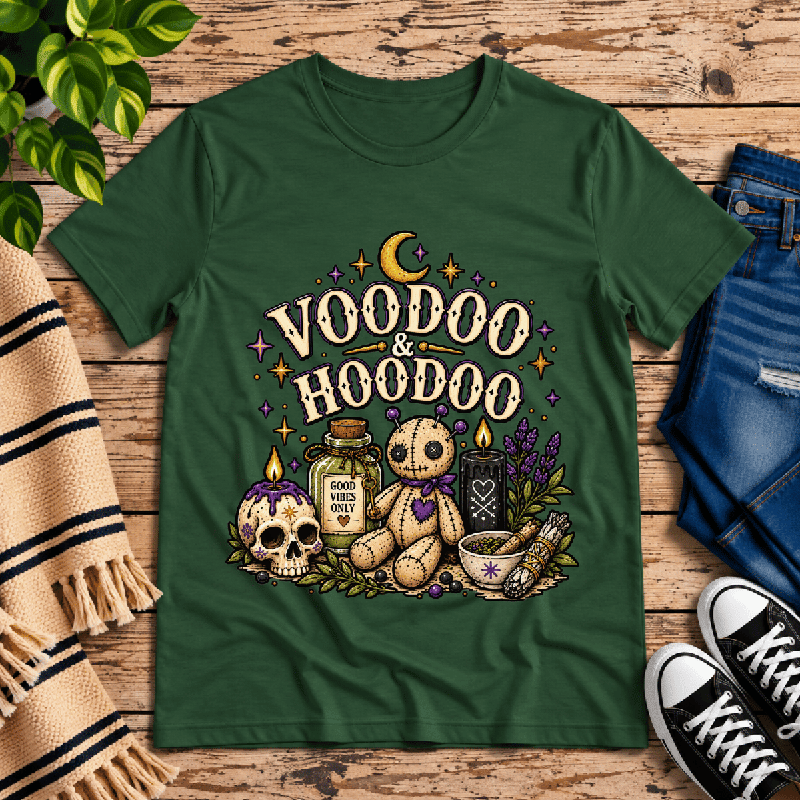 Voodoo & Hoodoo Premium T-Shirt in evergreen, flat lay