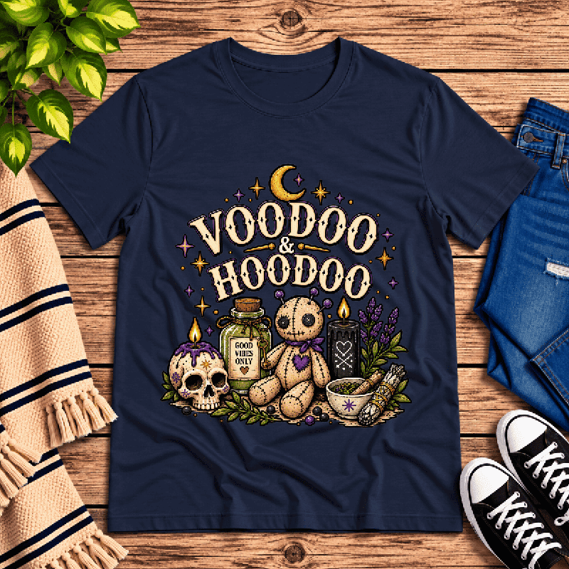 Voodoo & Hoodoo Premium T-Shirt in navy, flat lay