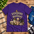 Voodoo & Hoodoo Premium T-Shirt in team purple, flat lay with voodoo doll and skull candle graphic