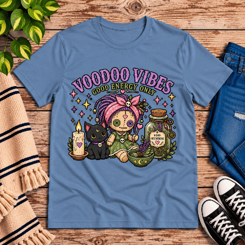 Voodoo Vibes Premium T-Shirt in steel blue, flat lay