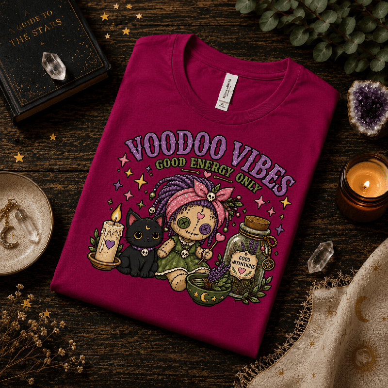 Voodoo Vibes Premium T-Shirt in berry, folded close-up styled with crystals and a candle
