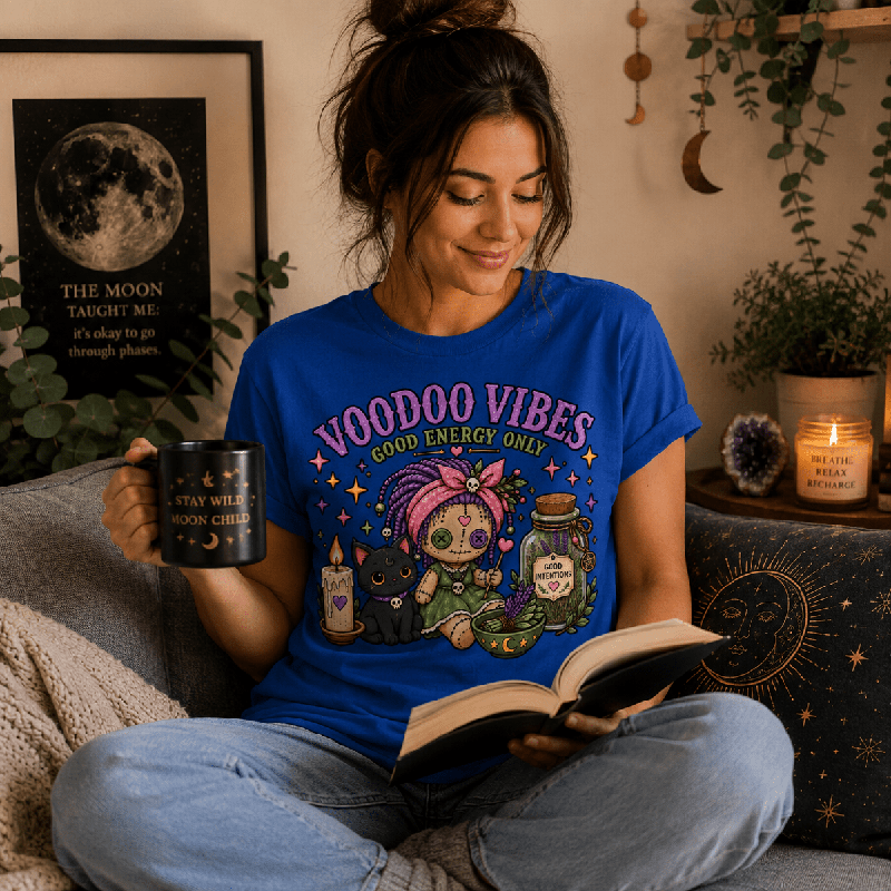 Woman reading a book and holding a mug, wearing the Voodoo Vibes Premium T-Shirt in true royal blue