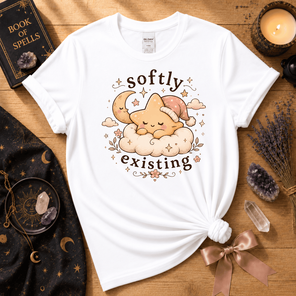 Softly Existing celestial graphic t-shirt cozy flat lay in white.