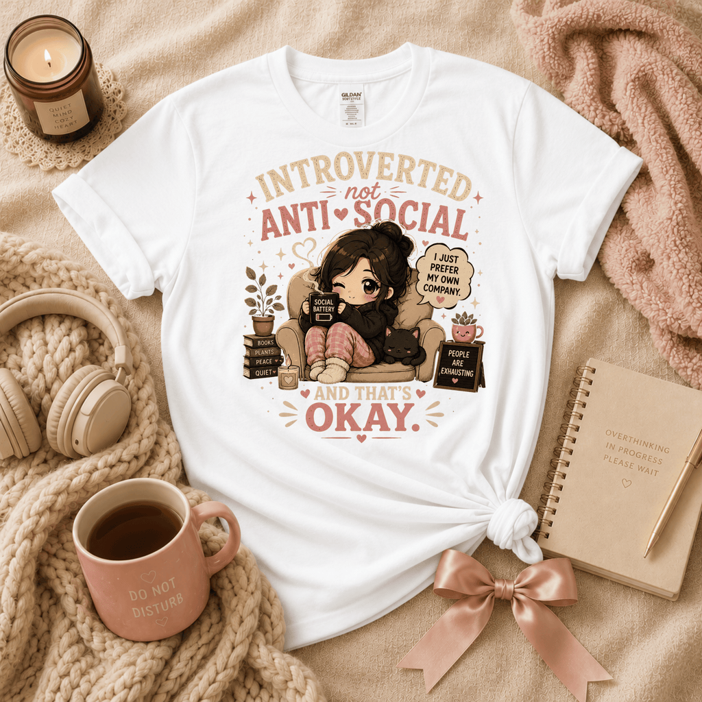 Not Anti Social introvert graphic t-shirt cozy flat lay in white.