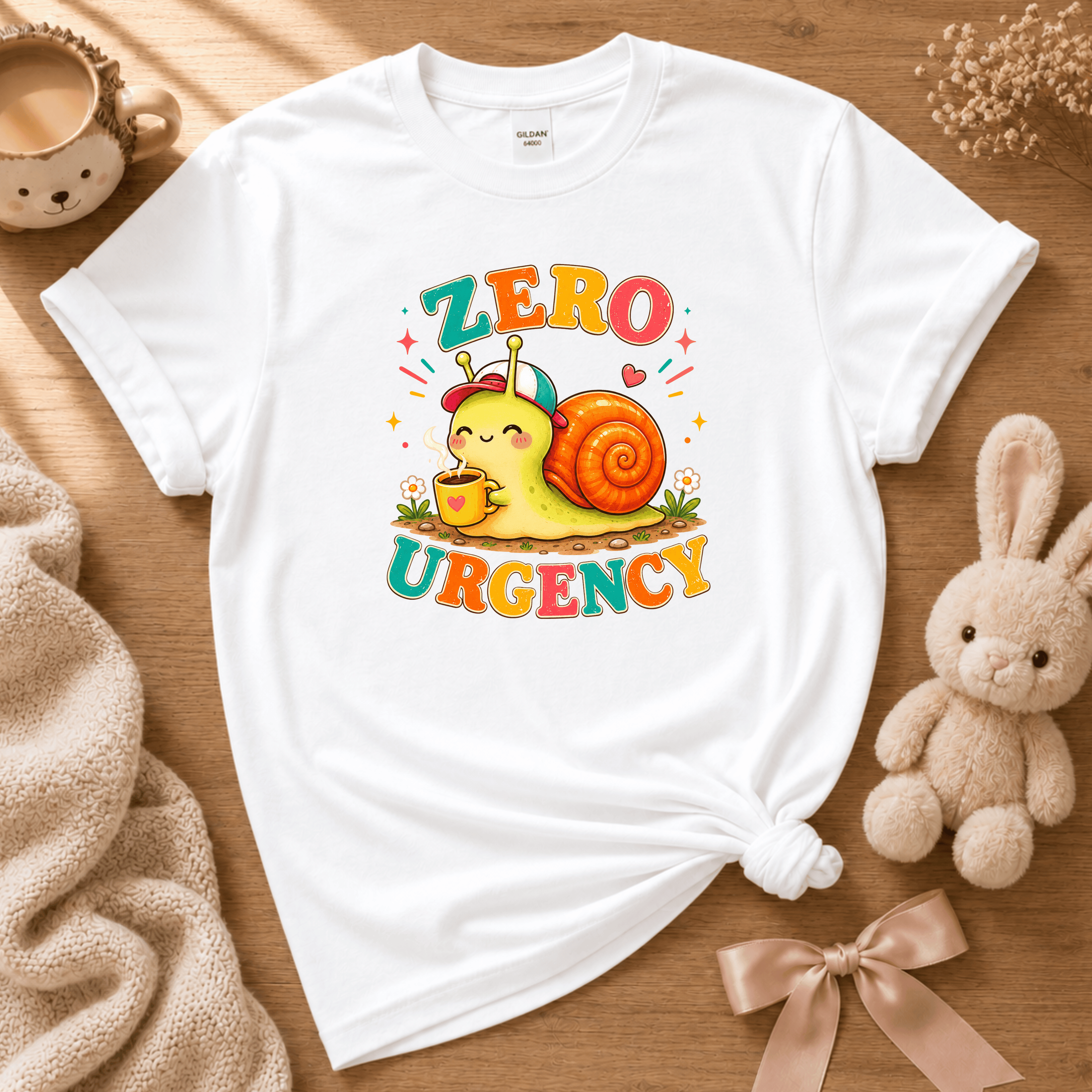 Zero Urgency cute animal graphic t-shirt cozy flat lay in white.
